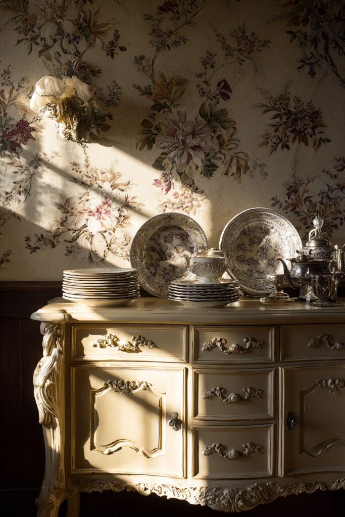 French Country Distressed Cream Buffet with Carved Details