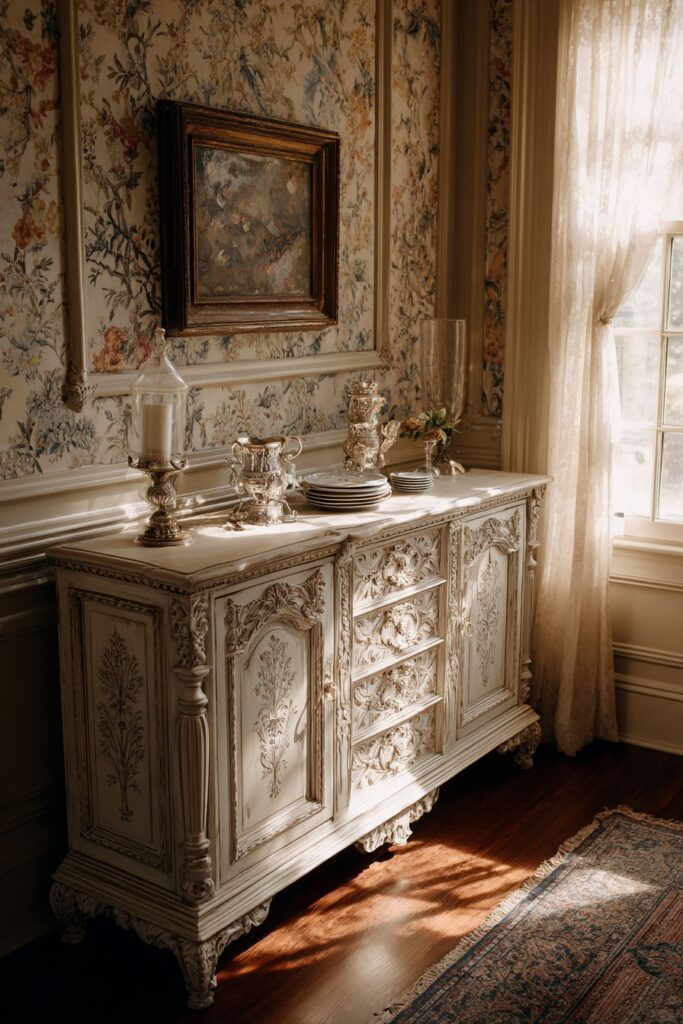French Country Distressed Cream Buffet with Carved Details