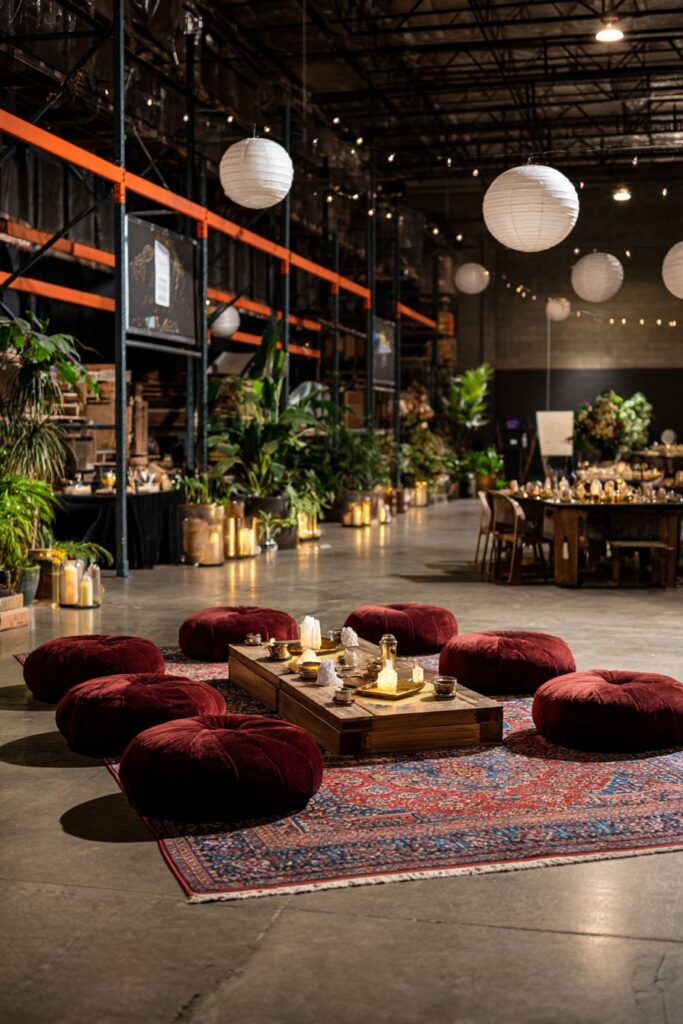 Japanese-Inspired Platform Seating with Persian Rug