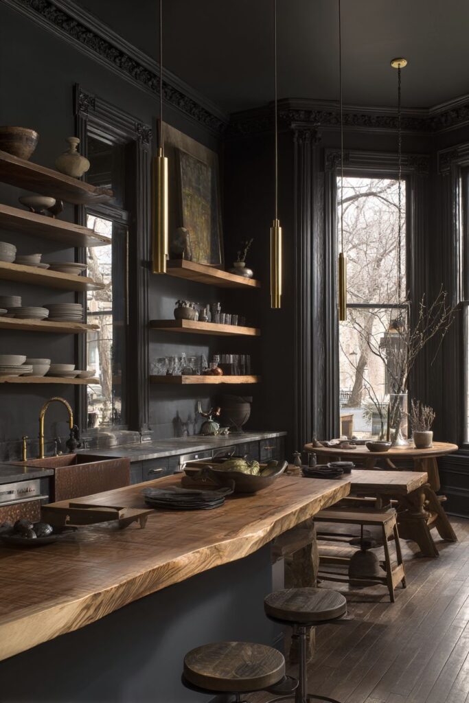 Dramatic Dark Walls with Brass Accents