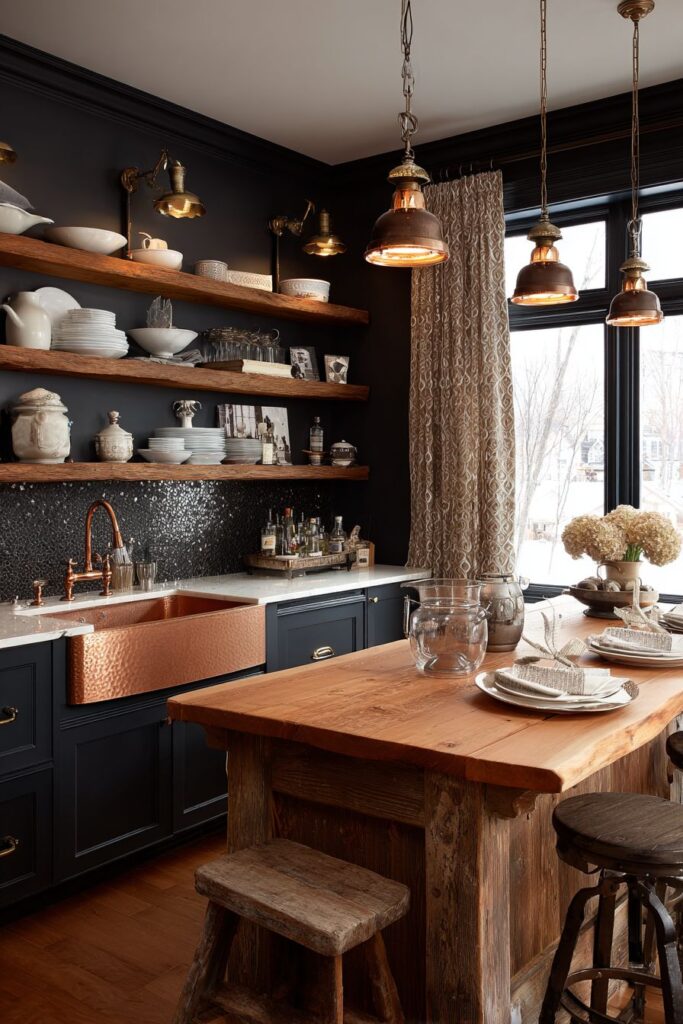 Dramatic Dark Walls with Brass Accents