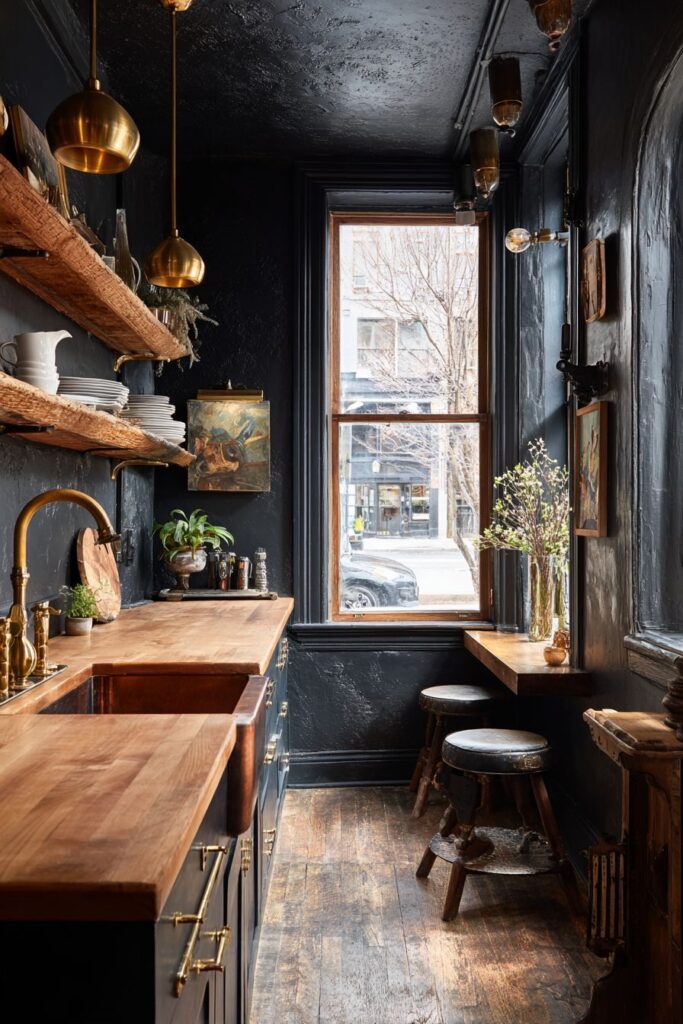 Dramatic Dark Walls with Brass Accents