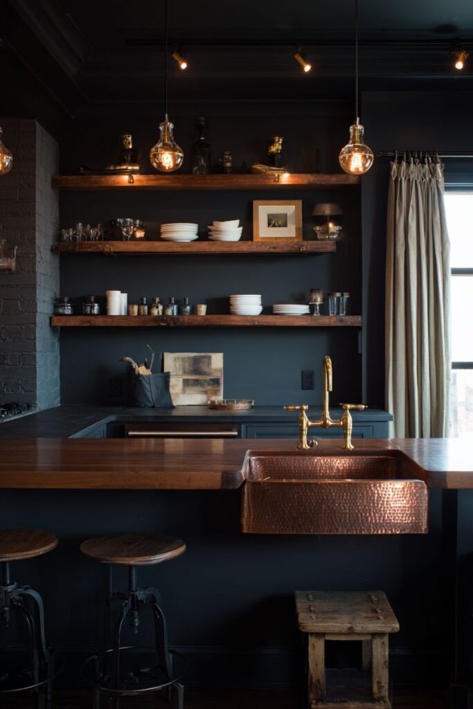 Dramatic Dark Walls with Brass Accents