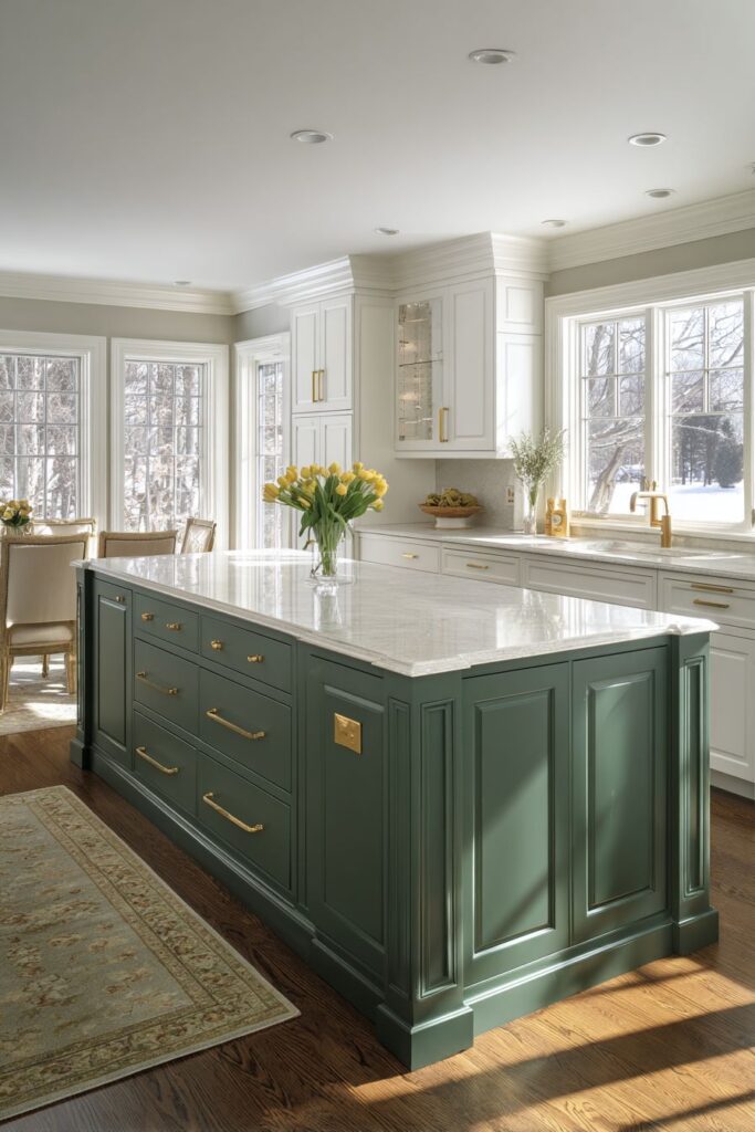 Sophisticated Two-Tone White and Forest Green Cabinets
