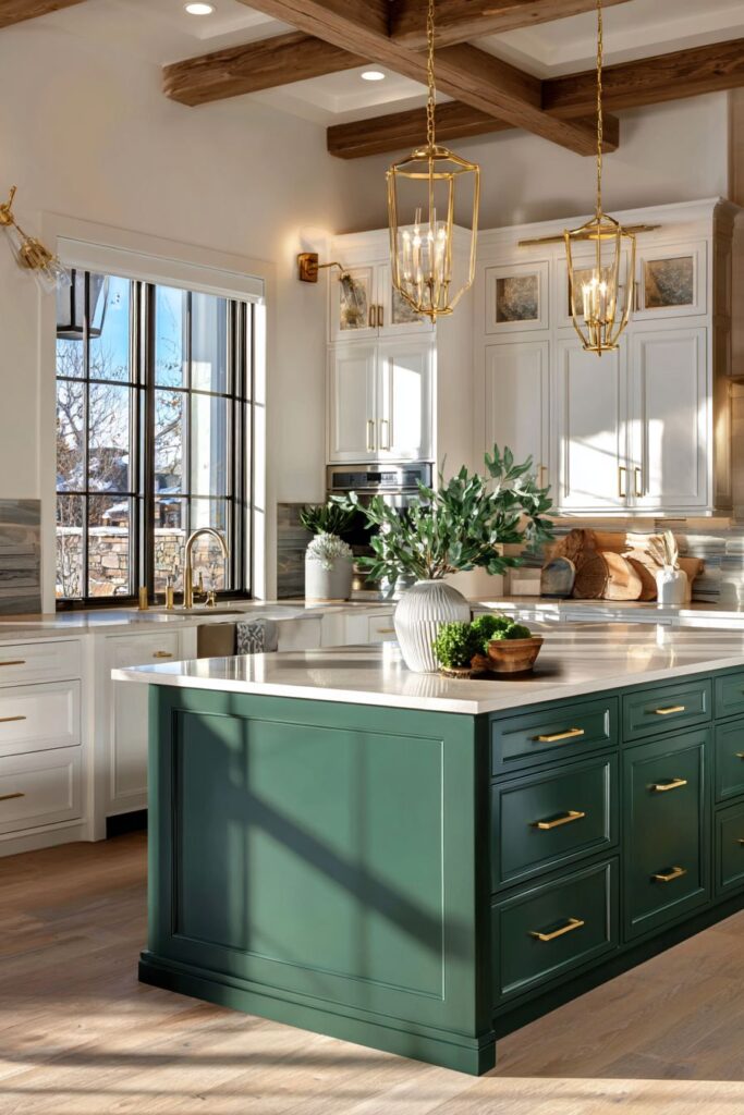 Sophisticated Two-Tone White and Forest Green Cabinets