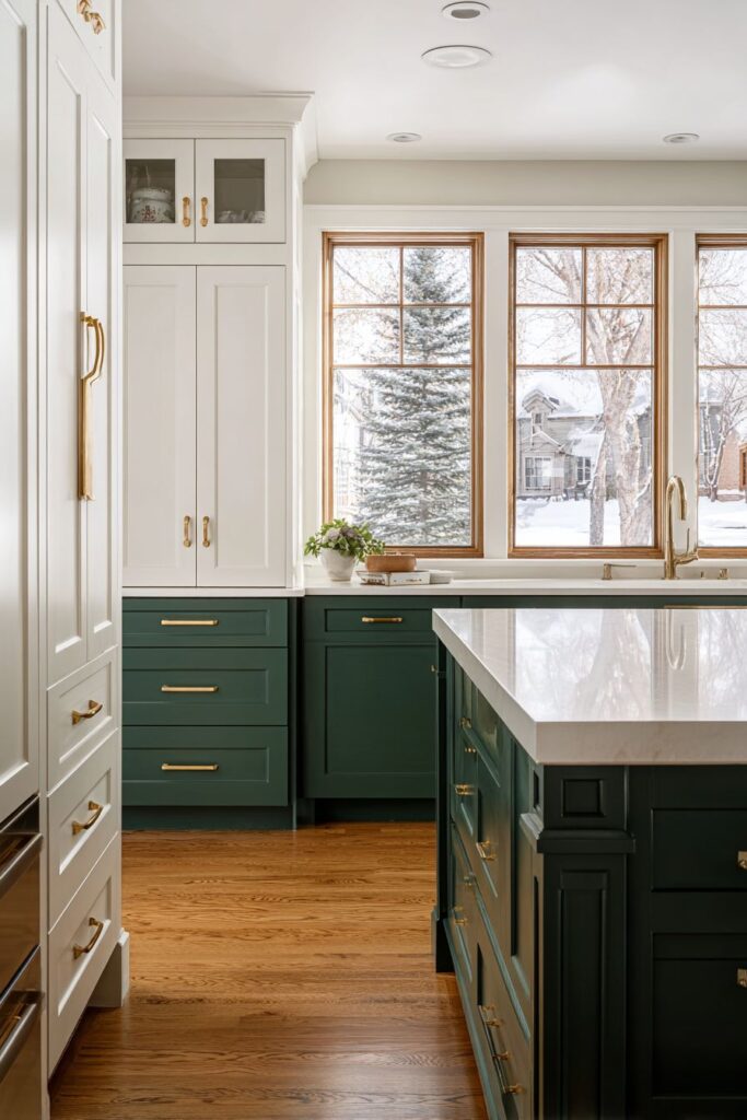 Sophisticated Two-Tone White and Forest Green Cabinets