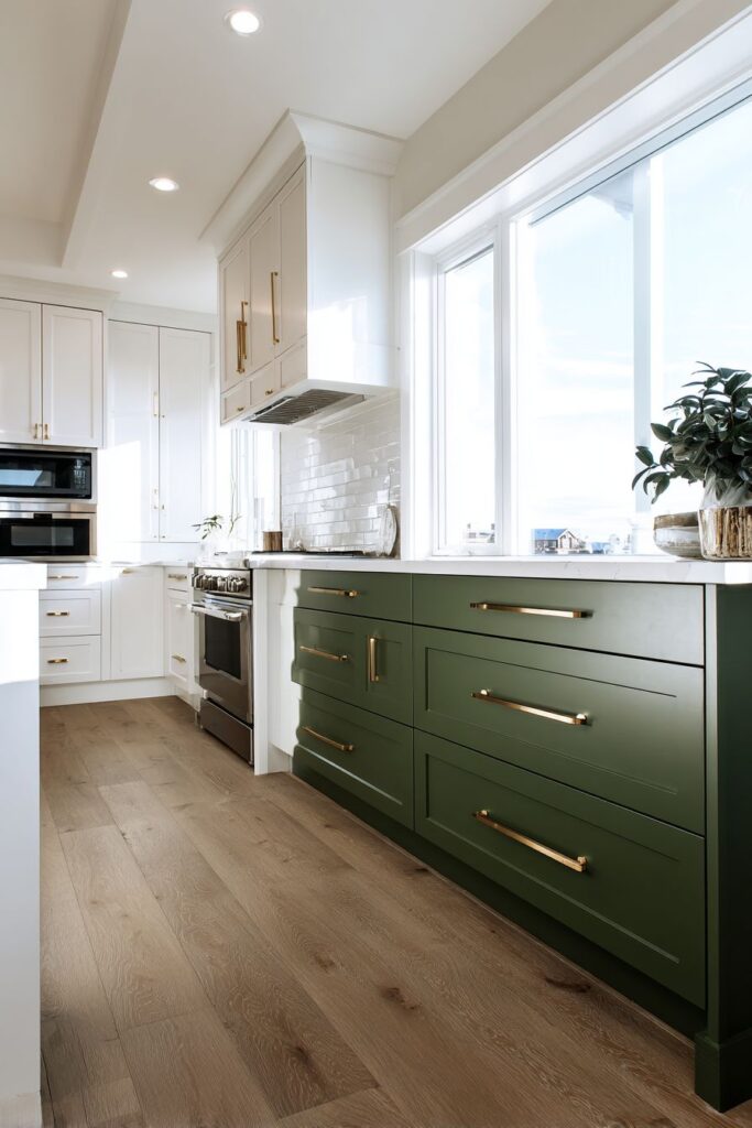 Sophisticated Two-Tone White and Forest Green Cabinets
