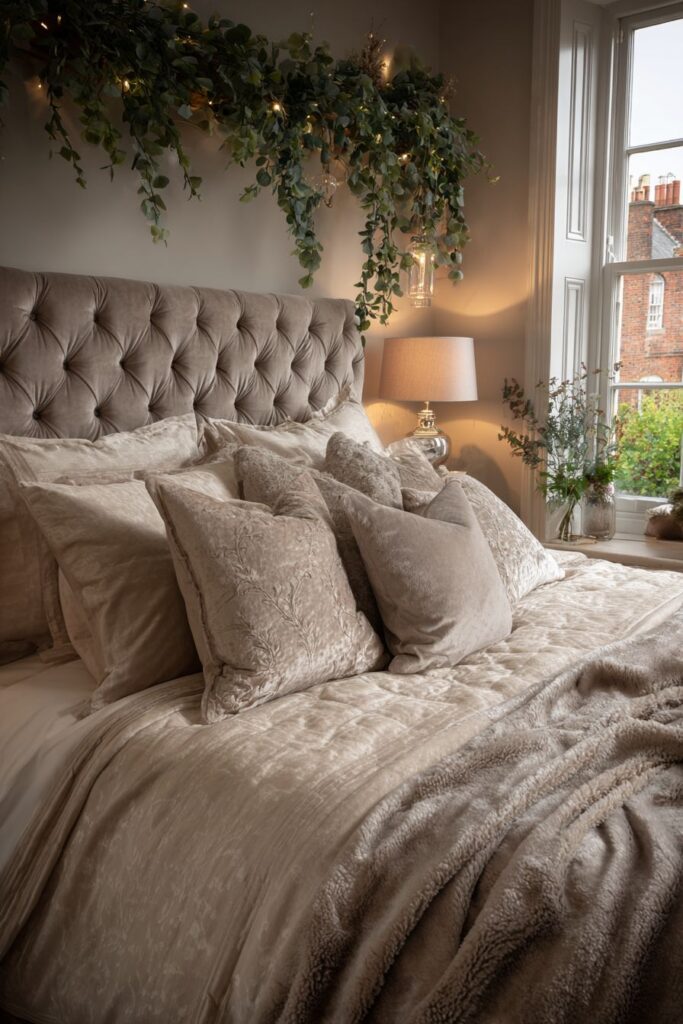 Luxurious Eucalyptus and Velvet Bedroom