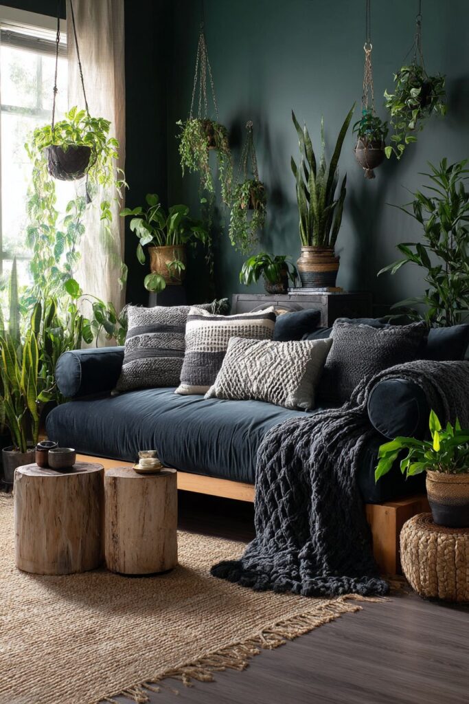 Dramatic Plant Wall with Midnight Blue Sofa