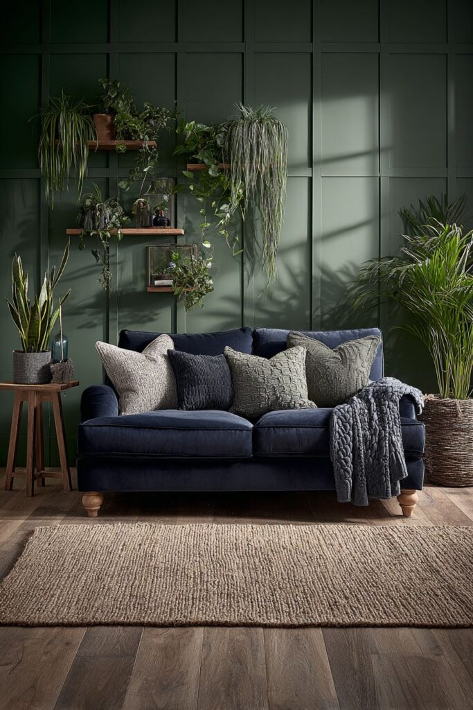 Dramatic Plant Wall with Midnight Blue Sofa