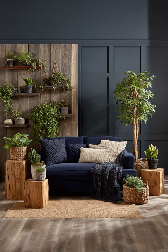 Dramatic Plant Wall with Midnight Blue Sofa