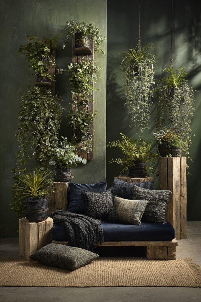 Dramatic Plant Wall with Midnight Blue Sofa