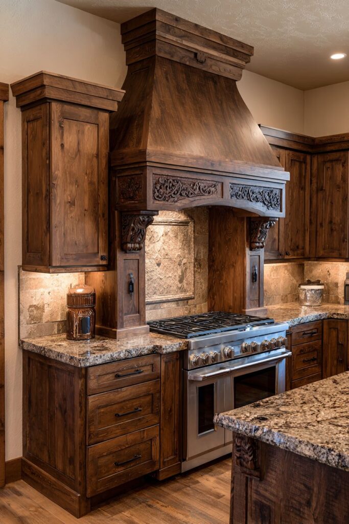 Statement Range Hood in Custom Brown Wood