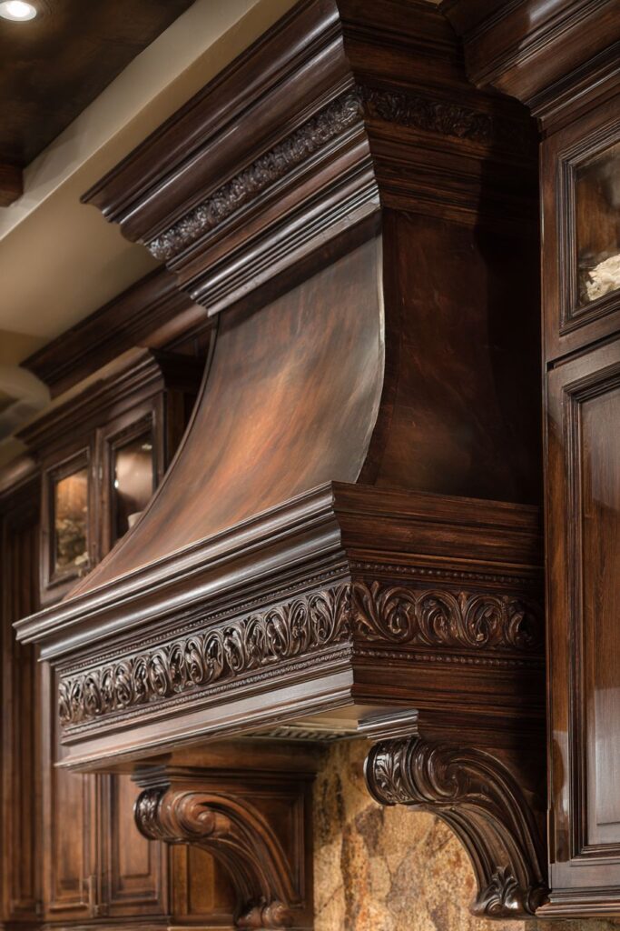 Statement Range Hood in Custom Brown Wood