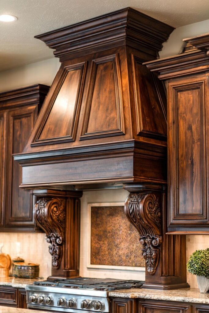 Statement Range Hood in Custom Brown Wood