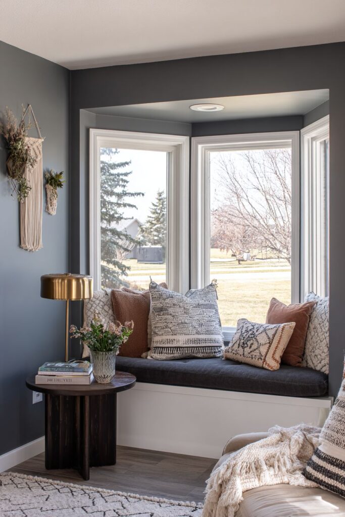 Bay Window Seat with Slate Blue Walls