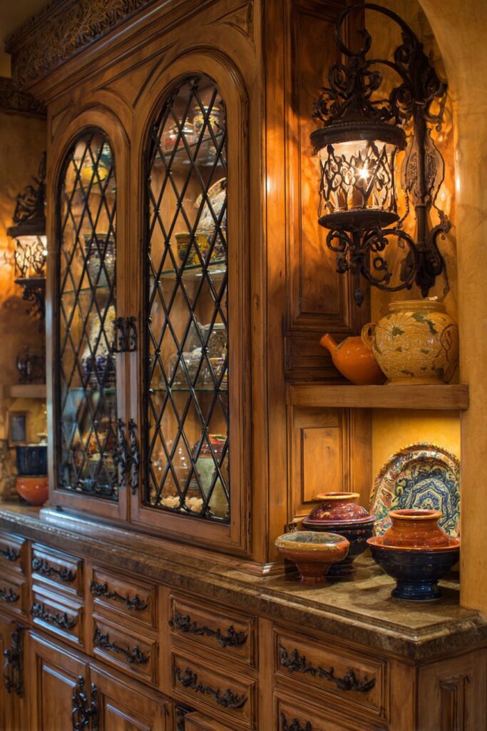 Old-World Mediterranean Honey-Stained Wood Cabinets