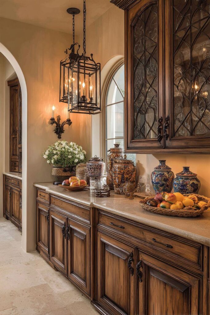 Old-World Mediterranean Honey-Stained Wood Cabinets