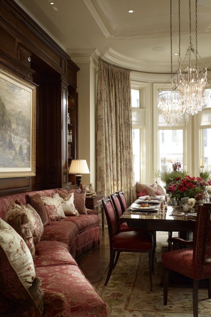 Formal Burgundy Banquette Dining Elegance