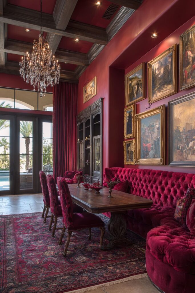 Formal Burgundy Banquette Dining Elegance