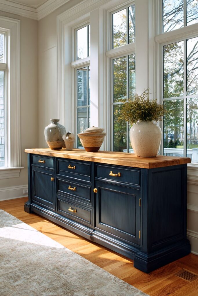 Two-Toned Navy and Natural Wood Transitional Buffet