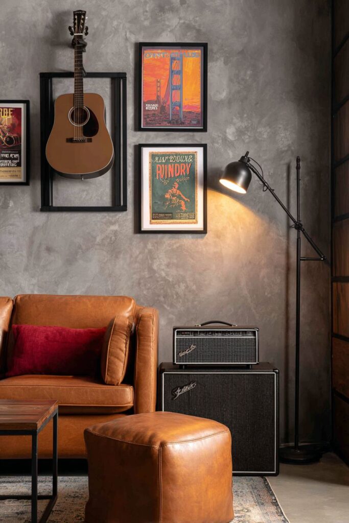 Personal Music Practice Corner with Acoustic Guitar Display