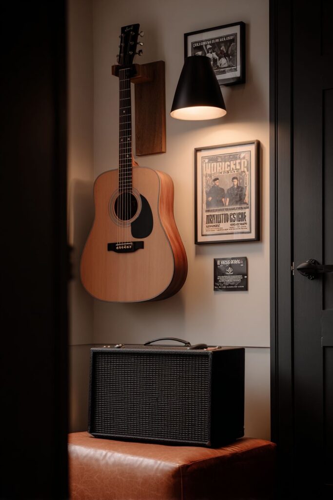 Personal Music Practice Corner with Acoustic Guitar Display