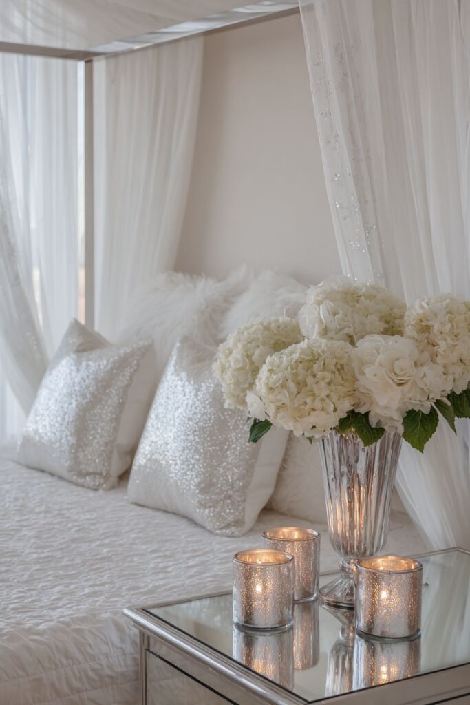 Elegant Monochromatic Silver and White Bedroom