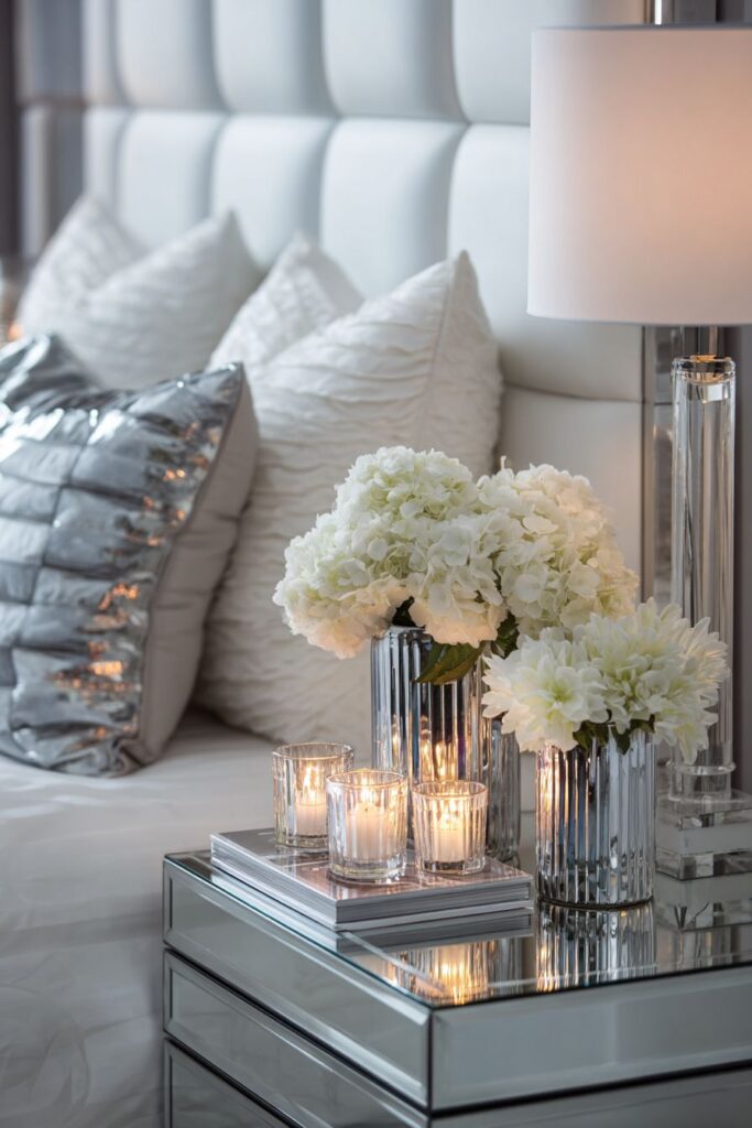 Elegant Monochromatic Silver and White Bedroom