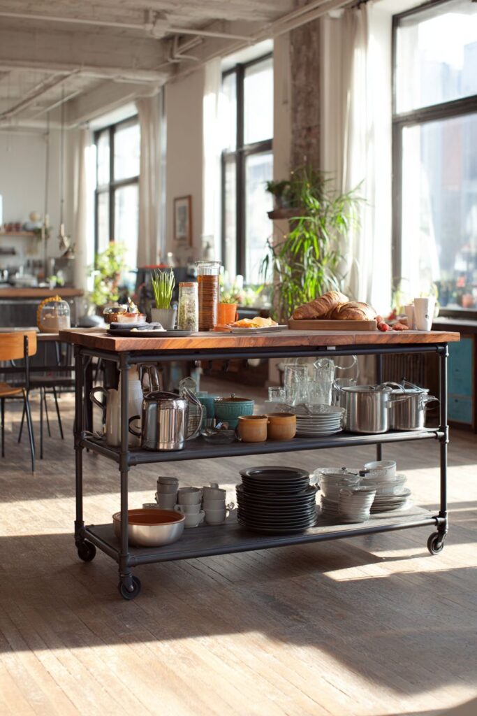 Mobile Butcher Block Buffet with Industrial Pipe Frame