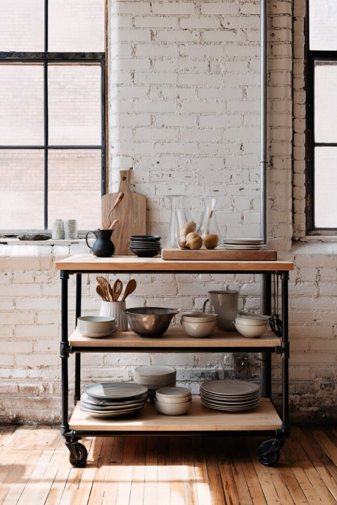 Mobile Butcher Block Buffet with Industrial Pipe Frame