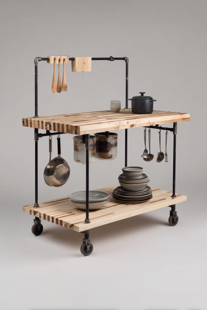 Mobile Butcher Block Buffet with Industrial Pipe Frame