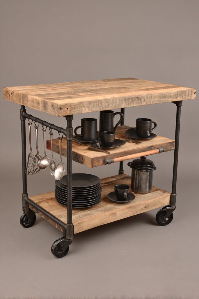 Mobile Butcher Block Buffet with Industrial Pipe Frame