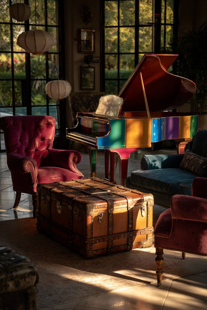 Rainbow Piano Centerpiece with Jewel-Tone Seating Symphony