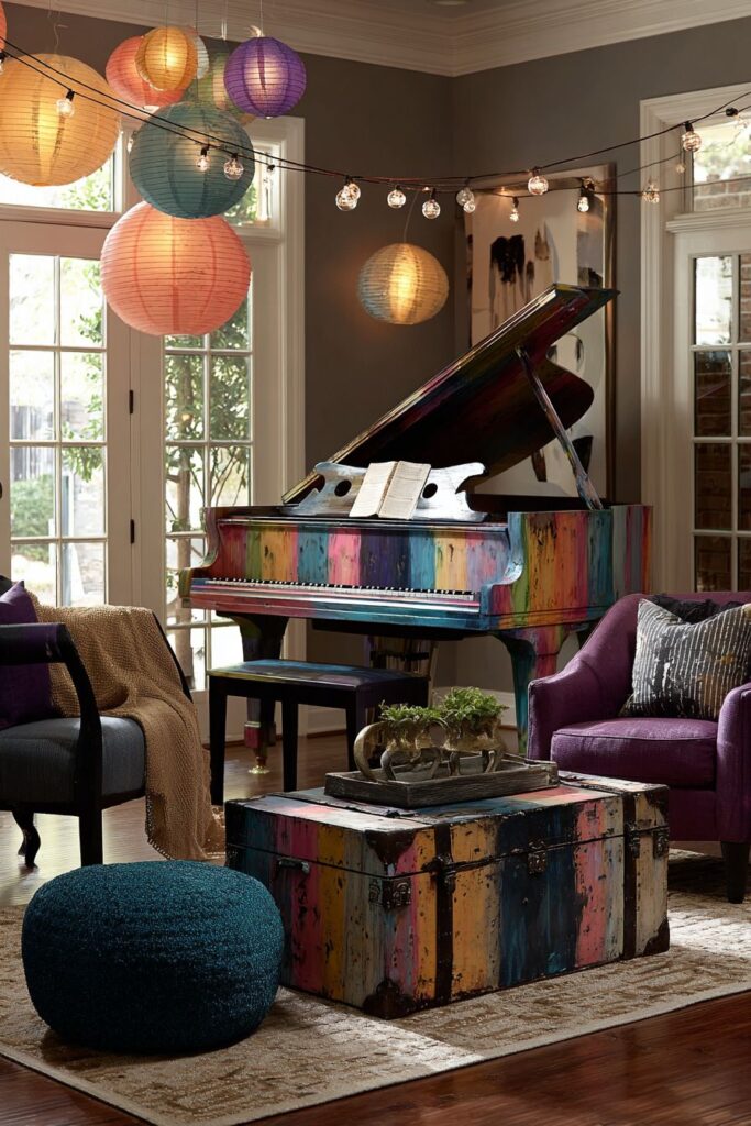 Rainbow Piano Centerpiece with Jewel-Tone Seating Symphony