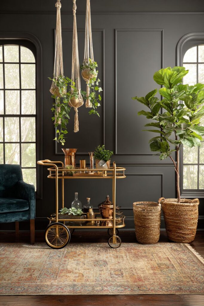Bar Cart Vignette with Metallic Accents