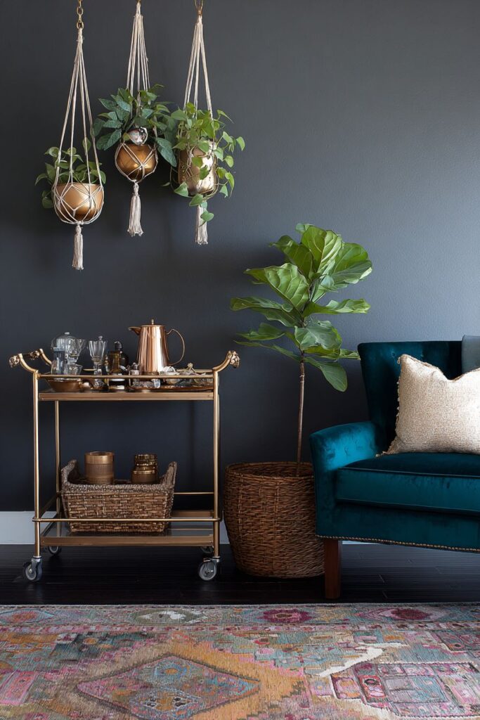 Bar Cart Vignette with Metallic Accents