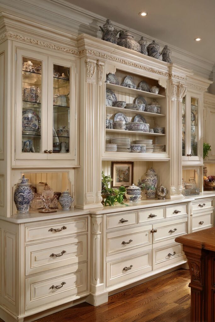Traditional English Cream-Colored Raised Panel Cabinets