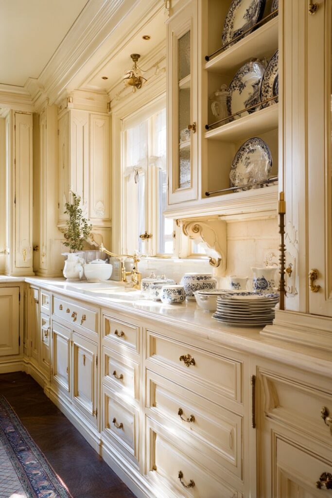 Traditional English Cream-Colored Raised Panel Cabinets