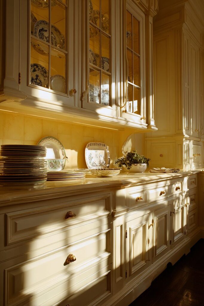 Traditional English Cream-Colored Raised Panel Cabinets