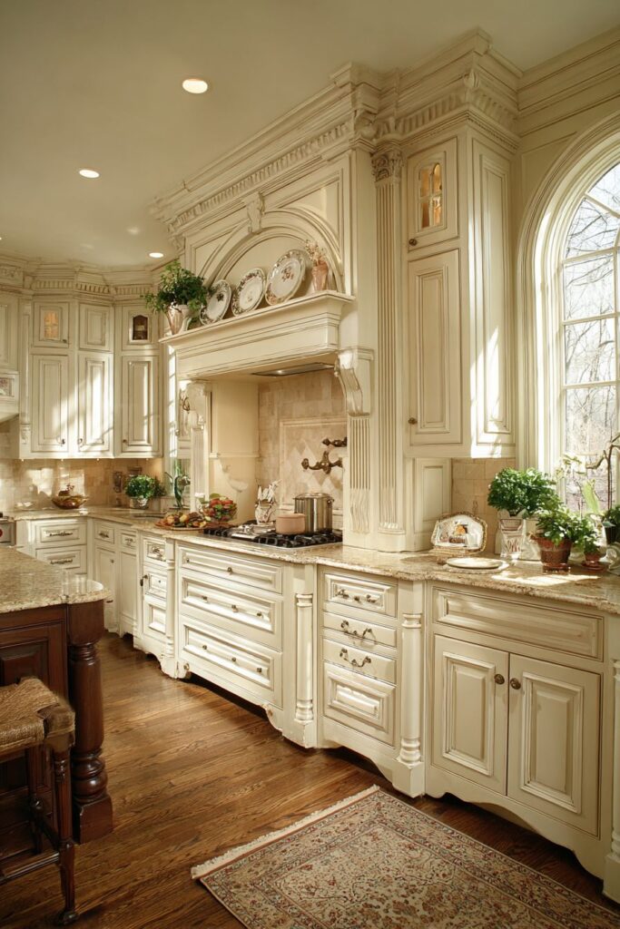 Traditional English Cream-Colored Raised Panel Cabinets