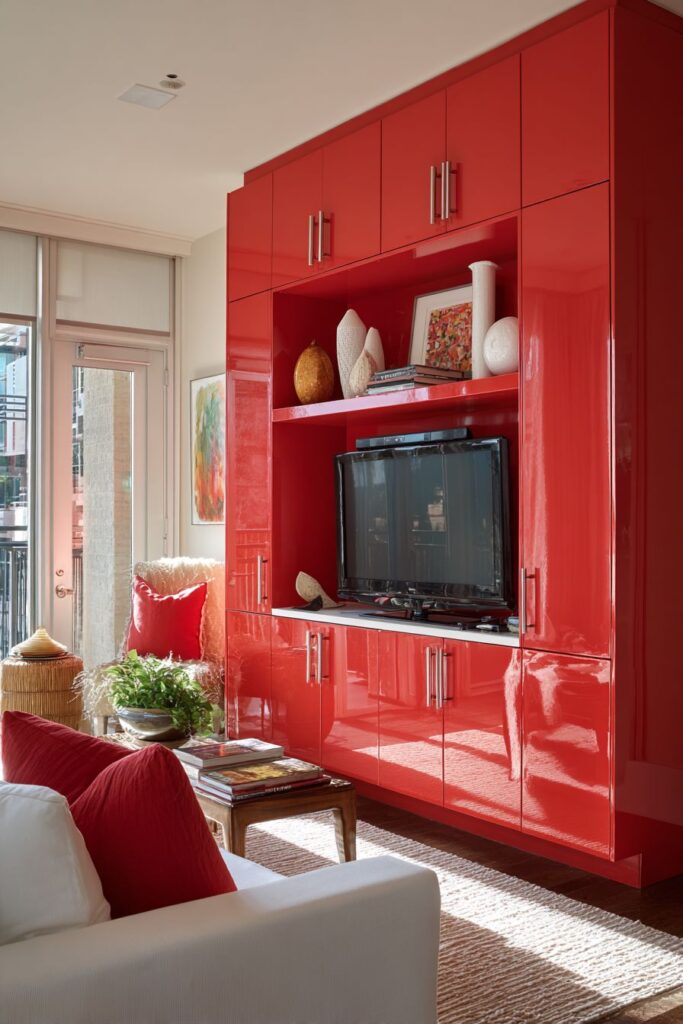 High-Gloss Red Media Console Contemporary Storage
