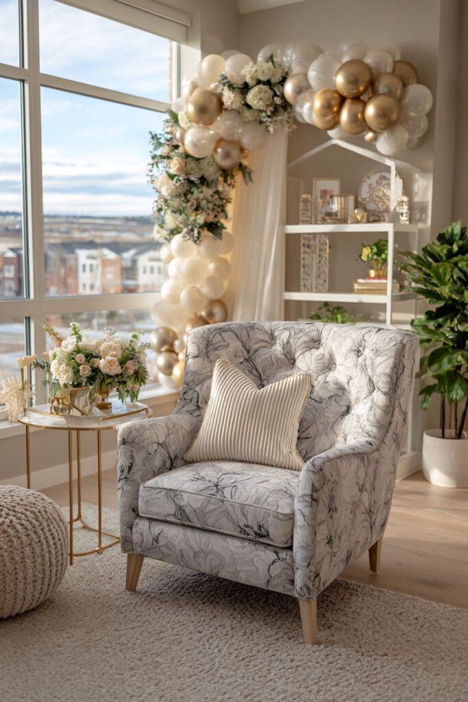 Elegant Living Room Celebration with Metallic Balloon Arrangements