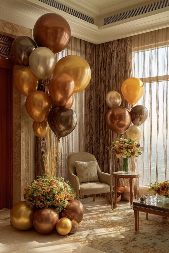 Elegant Living Room Celebration with Metallic Balloon Arrangements