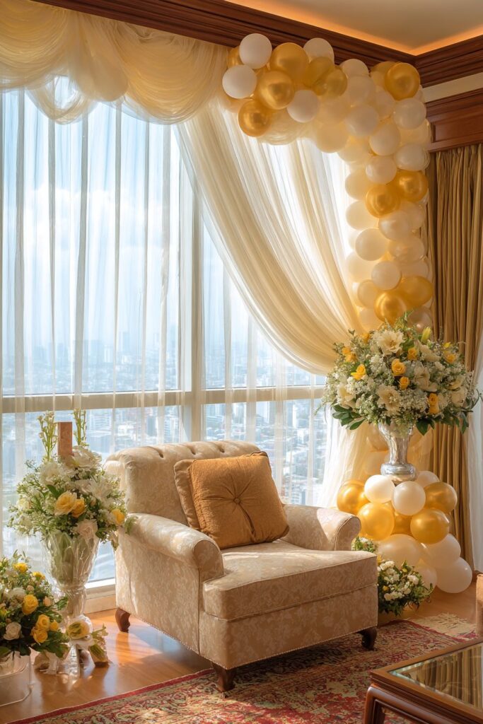 Elegant Living Room Celebration with Metallic Balloon Arrangements