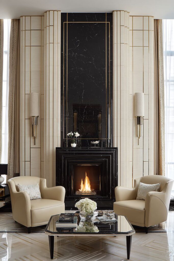 Symmetrical Sophistication Around a Stepped Fireplace