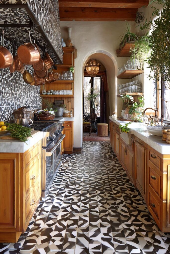 Bold Geometric Patterns with Warm Wood Elements