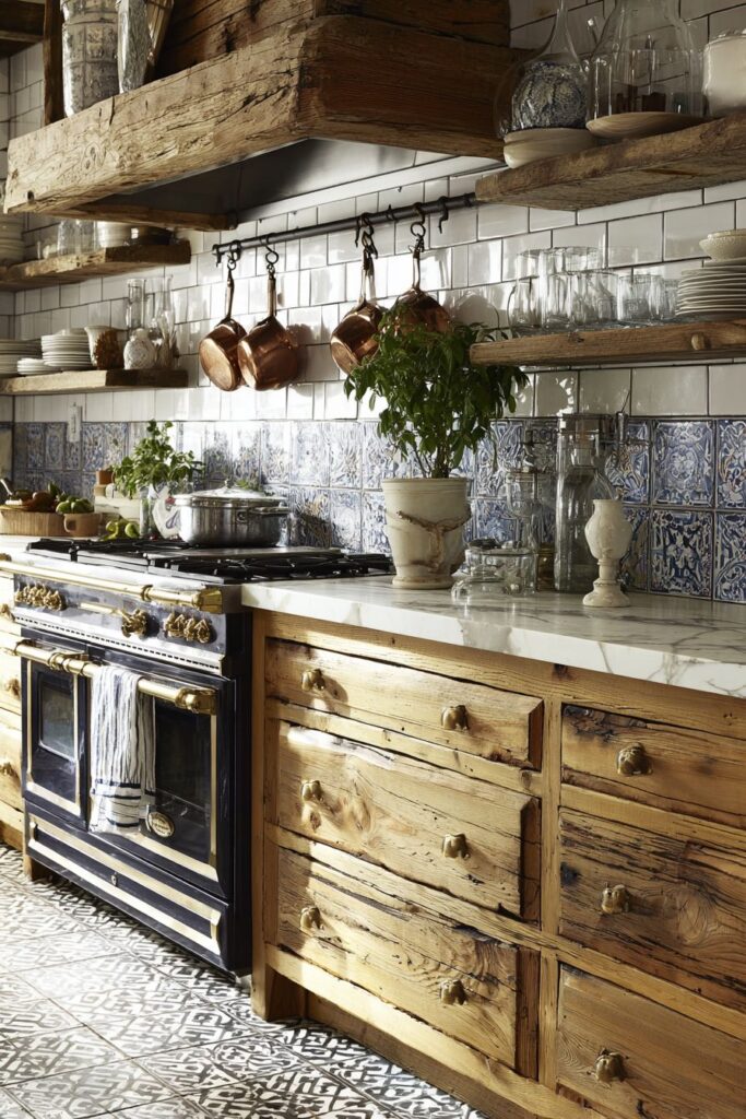 Bold Geometric Patterns with Warm Wood Elements