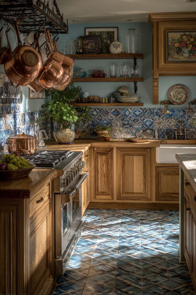 Bold Geometric Patterns with Warm Wood Elements