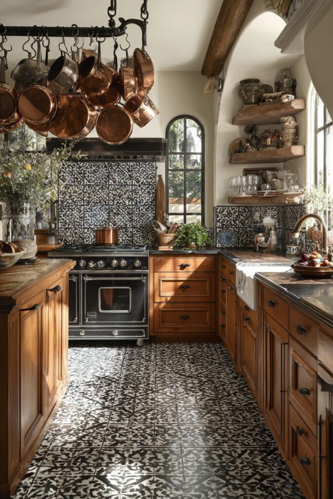 Bold Geometric Patterns with Warm Wood Elements